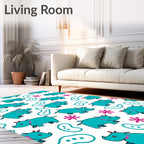 Turquoise Hippo And Pink Floral Rug