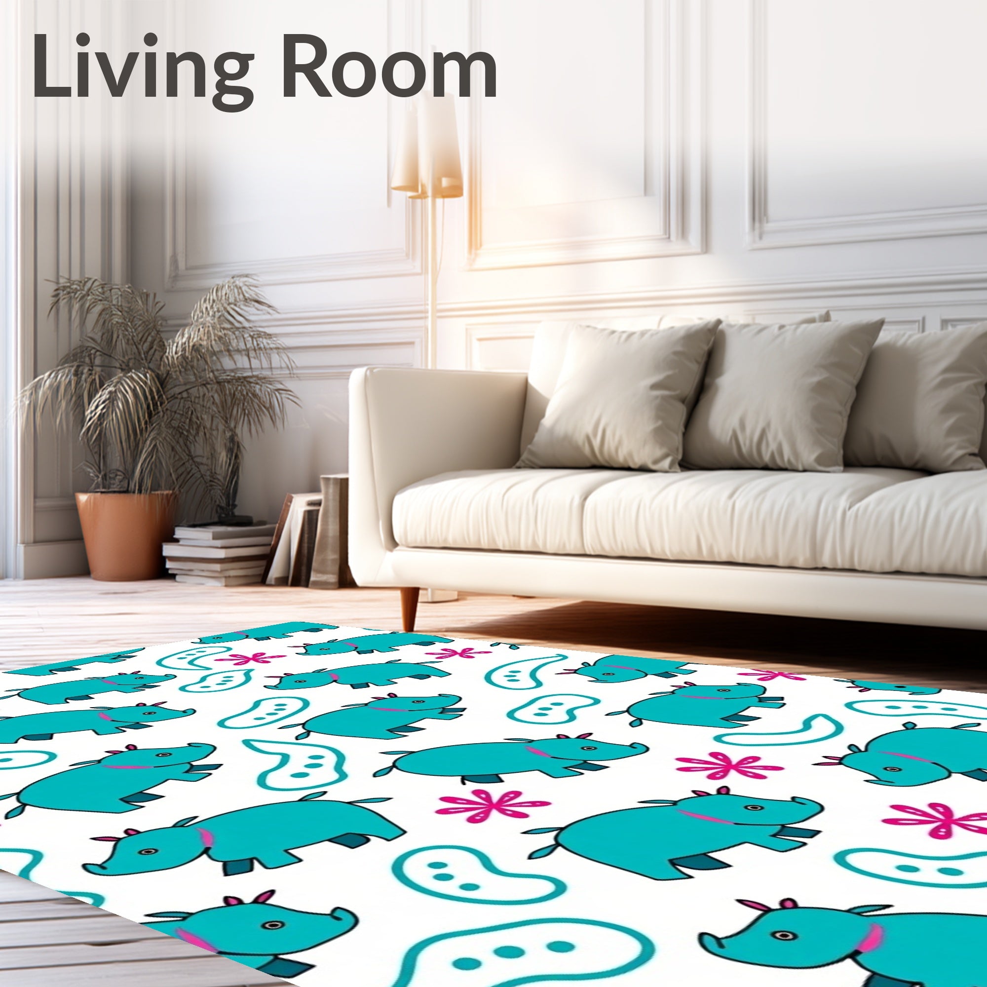 Turquoise Hippo And Pink Floral Rug