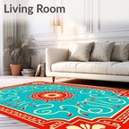 Crimson Aqua Abstract Floral Medallion Rug