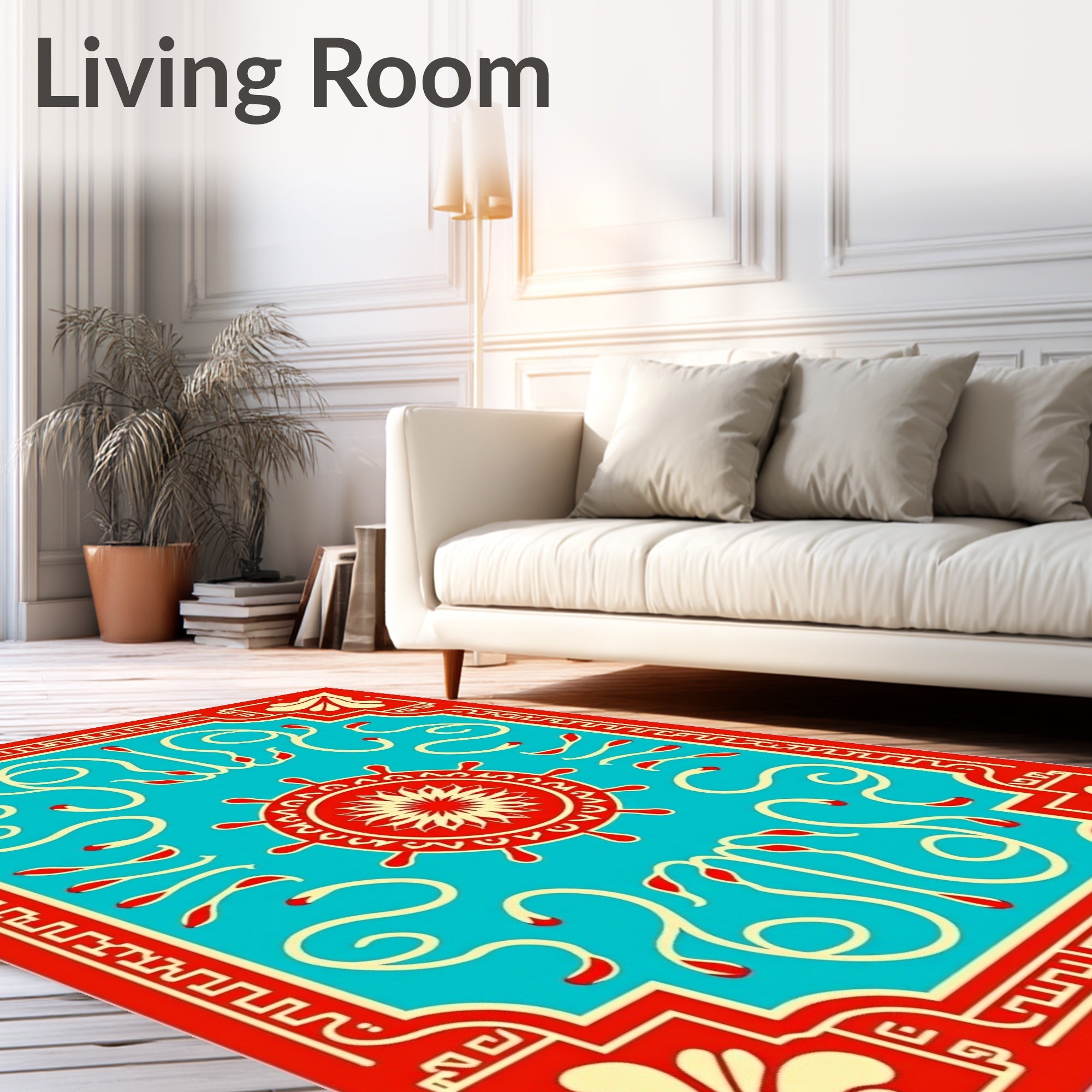 Crimson Aqua Abstract Floral Medallion Rug