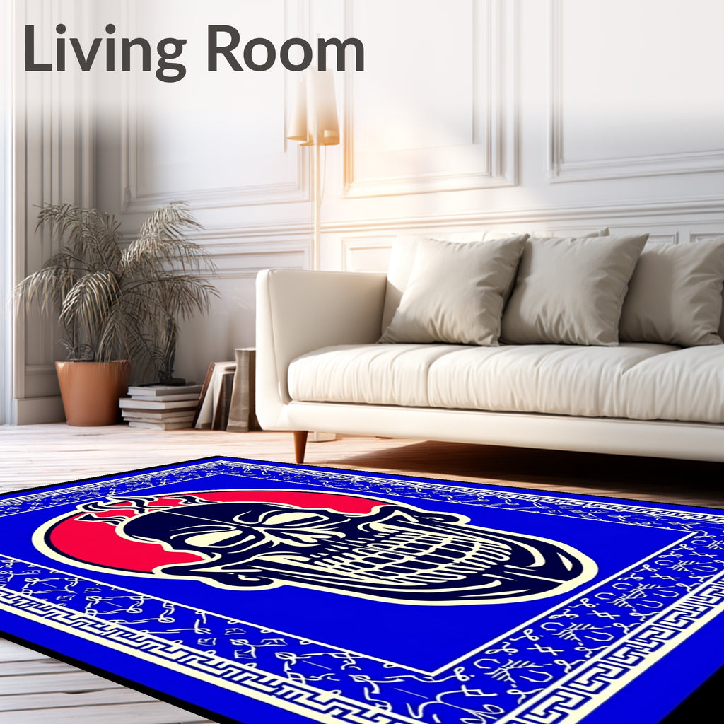 Bold Crimson Skull Blue Border Rug