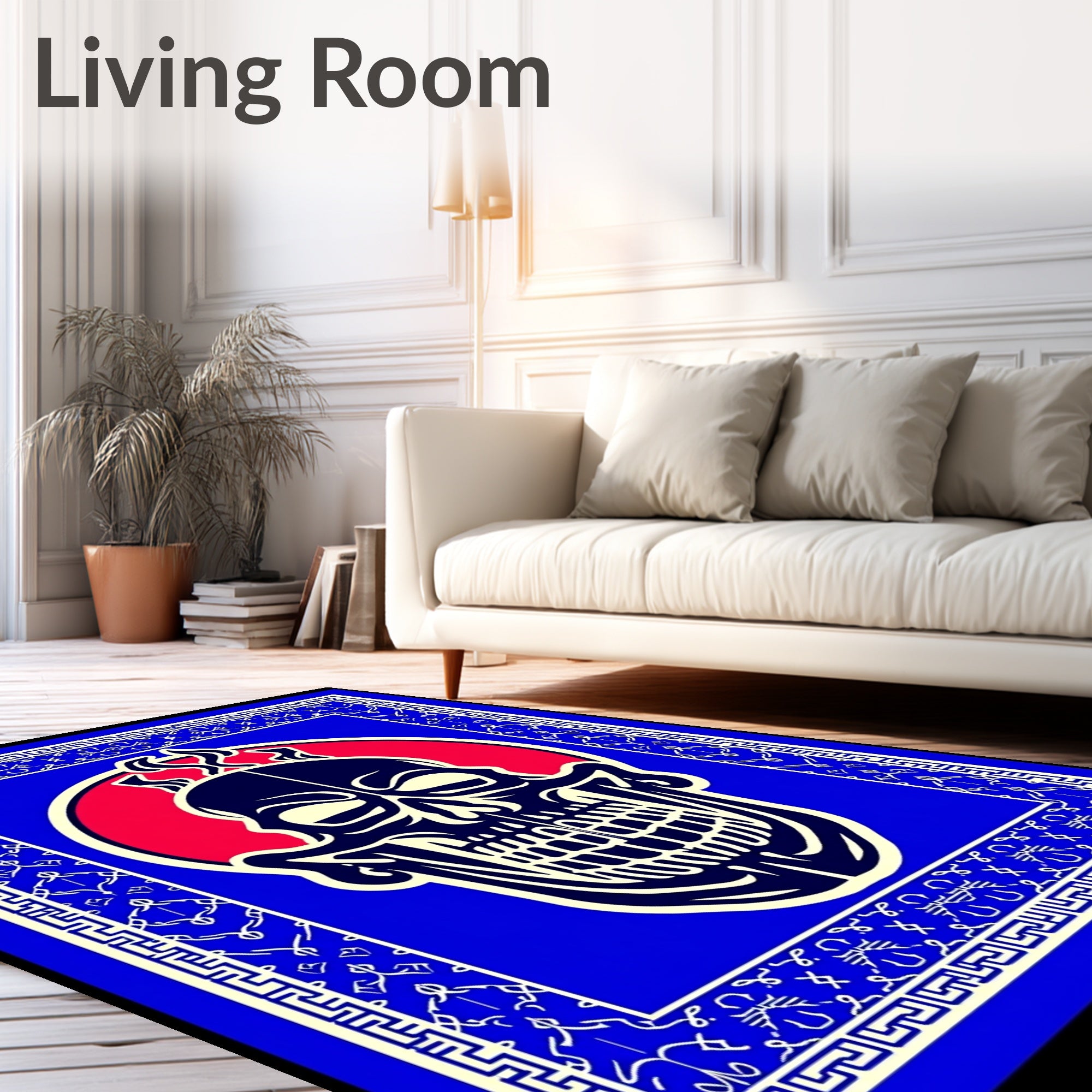 Bold Crimson Skull Blue Border Rug