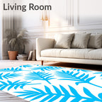 Bright Blue Tropical Leaf Pattern Rug
