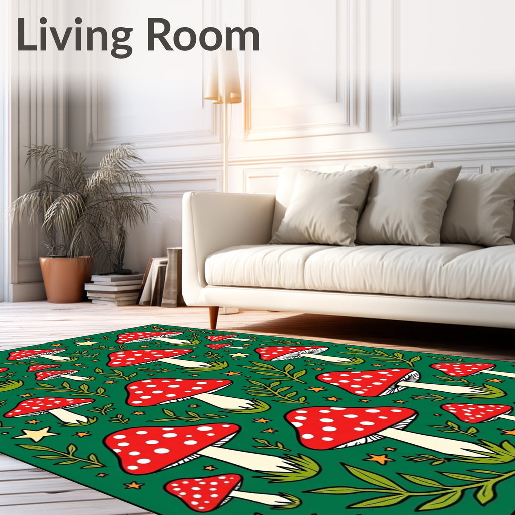 Whimsical Red Mushroom Forest Stars Rug