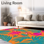 Bright Pink Flamingos Teal Palm Leaves Rug