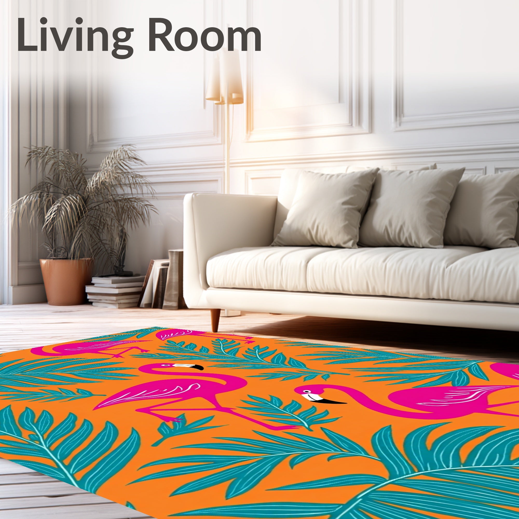 Bright Pink Flamingos Teal Palm Leaves Rug