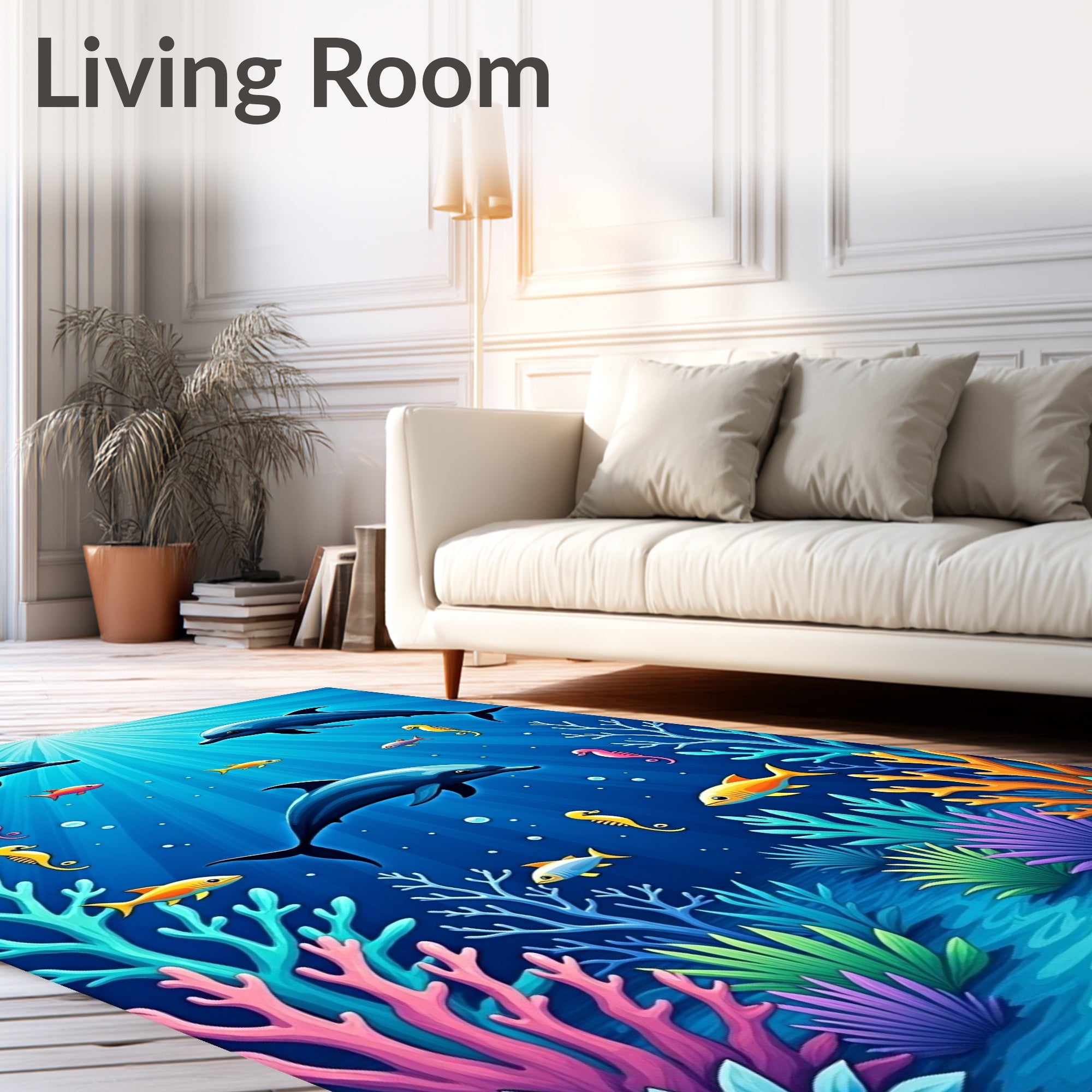 Vibrant Blue Dolphin Seahorse Coral Scene Rug
