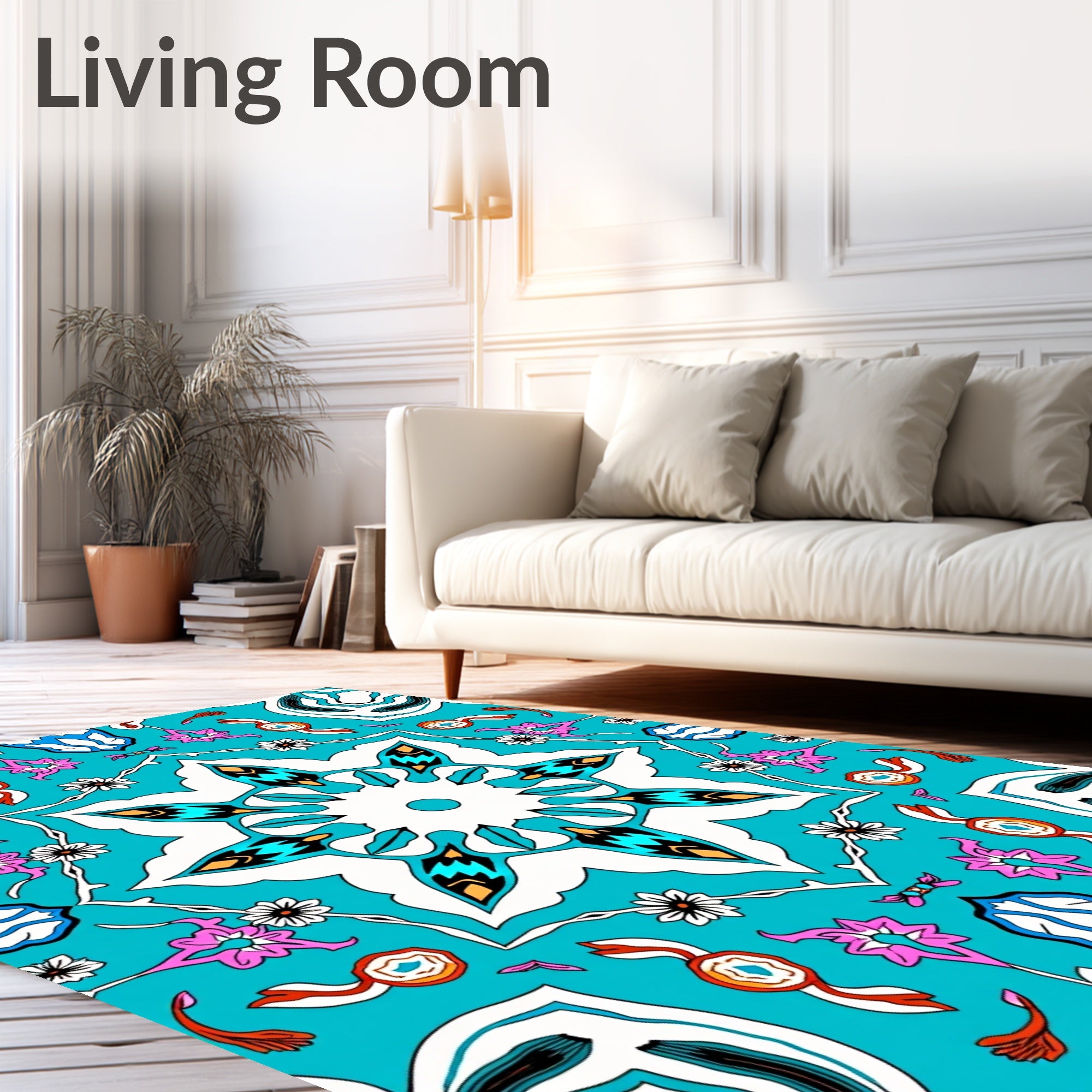 Aqua Geometric Starburst Floral Medallion Rug