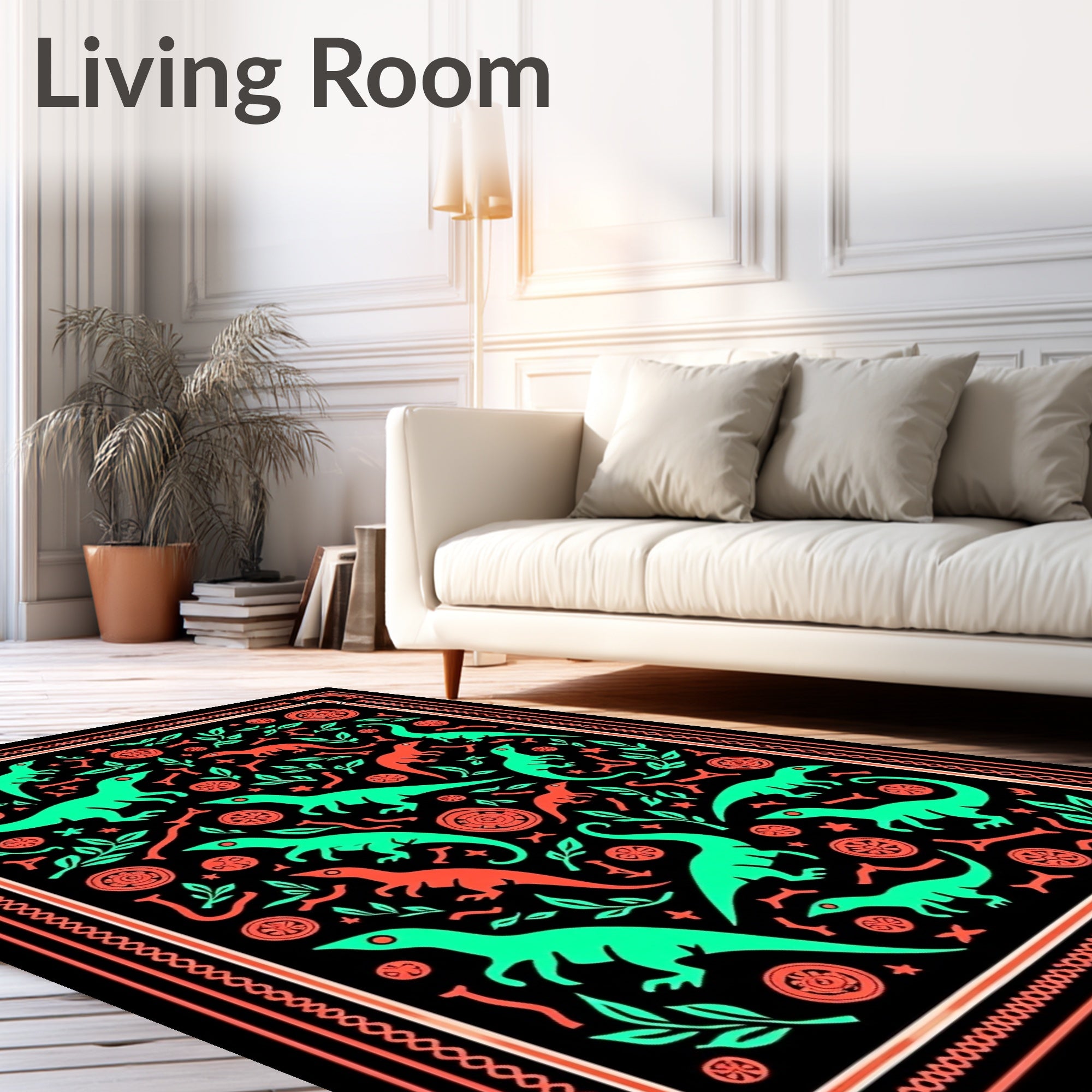 Aqua and Coral Dinosaur Jungle Rug