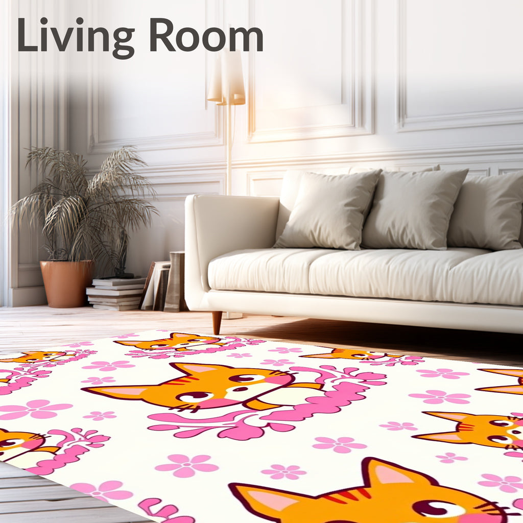 Cute Orange Kitties Pink Flowers Rug