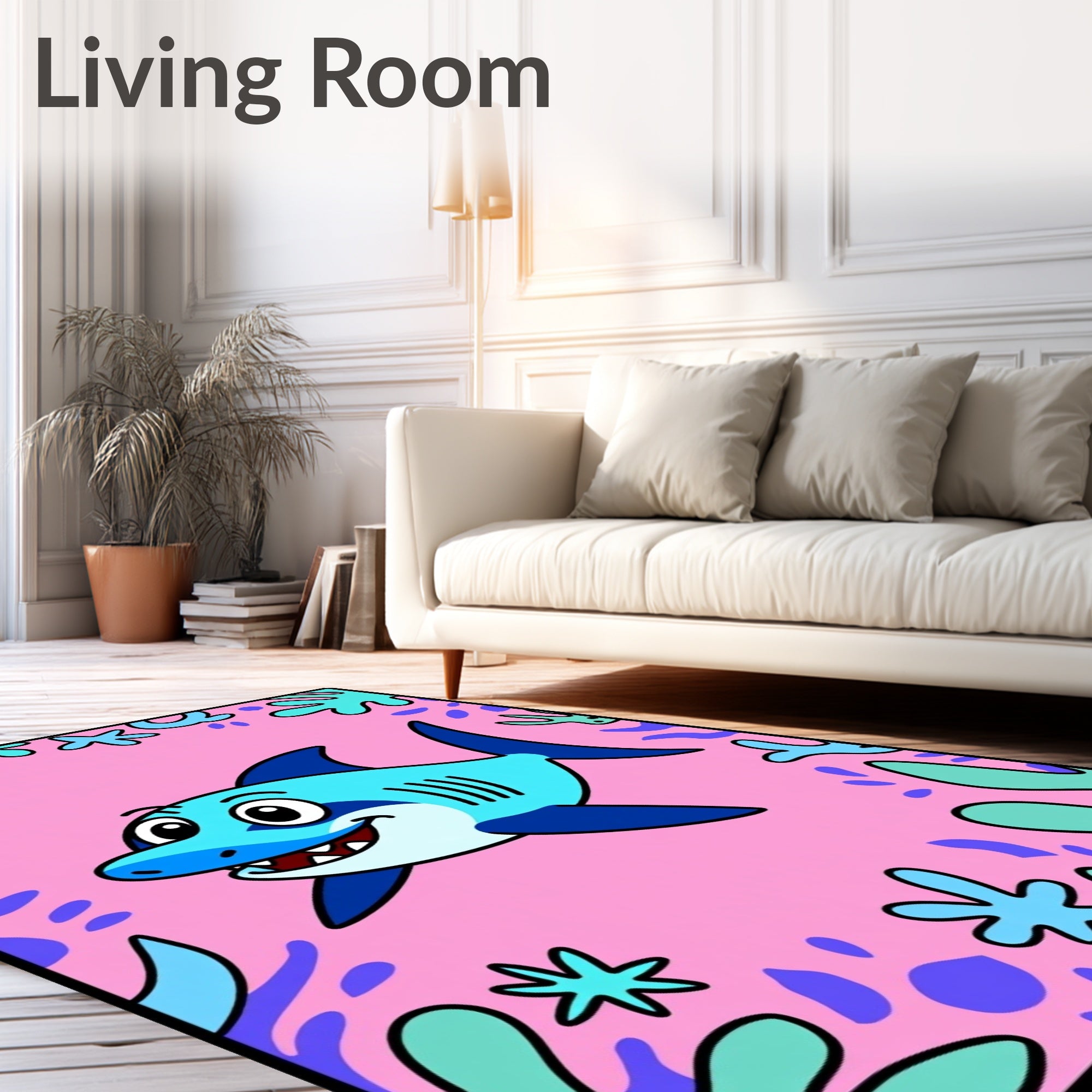 Happy Blue Shark Coral Reef Pink Rug