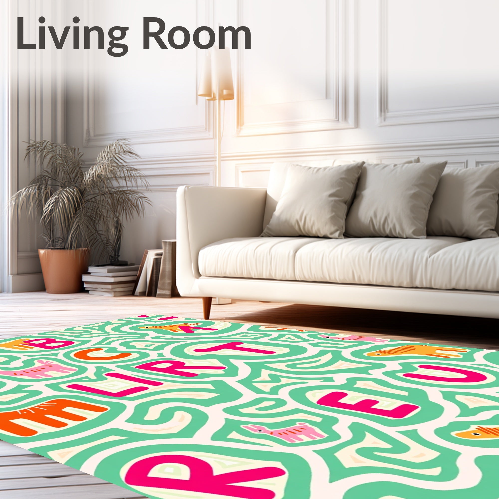 Whimsical Alphabet Animals Mint Background Rug