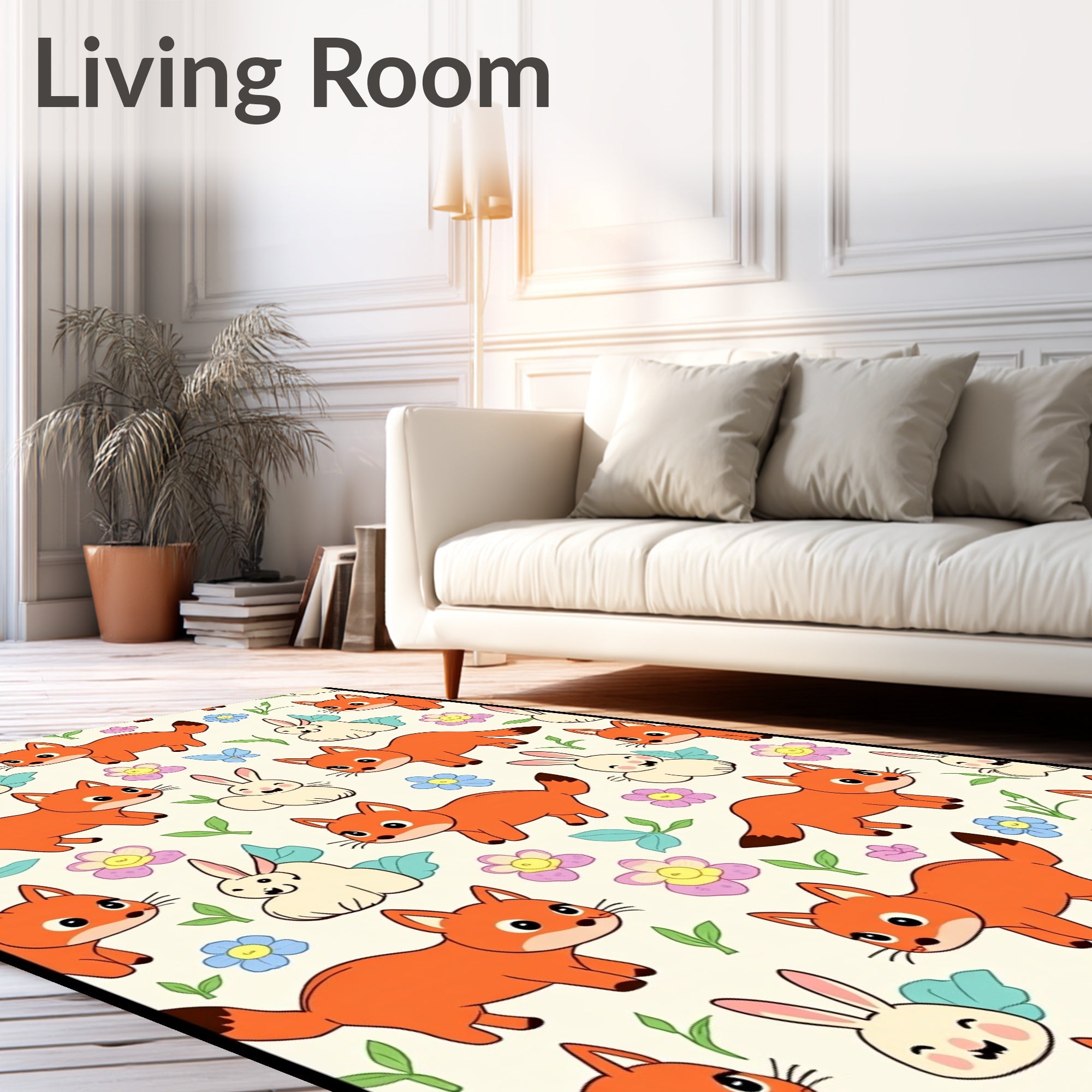 Whimsical Fox and Bunny Garden Scene Rug