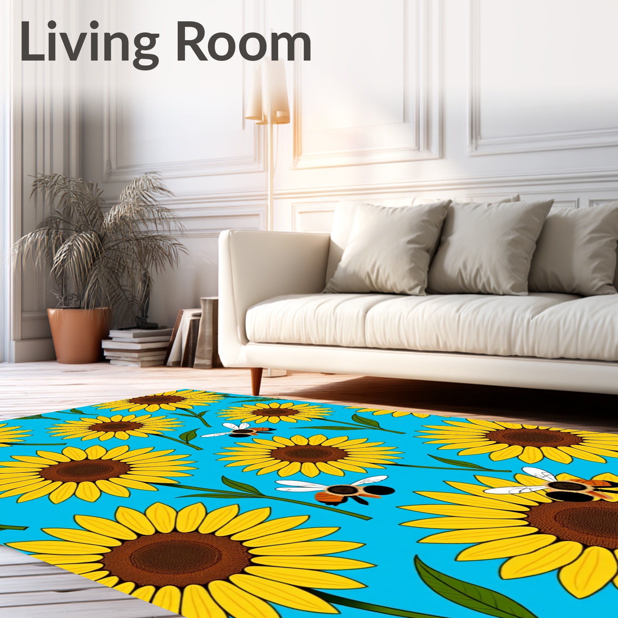 Yellow Sunflowers With Bees On Blue Rug