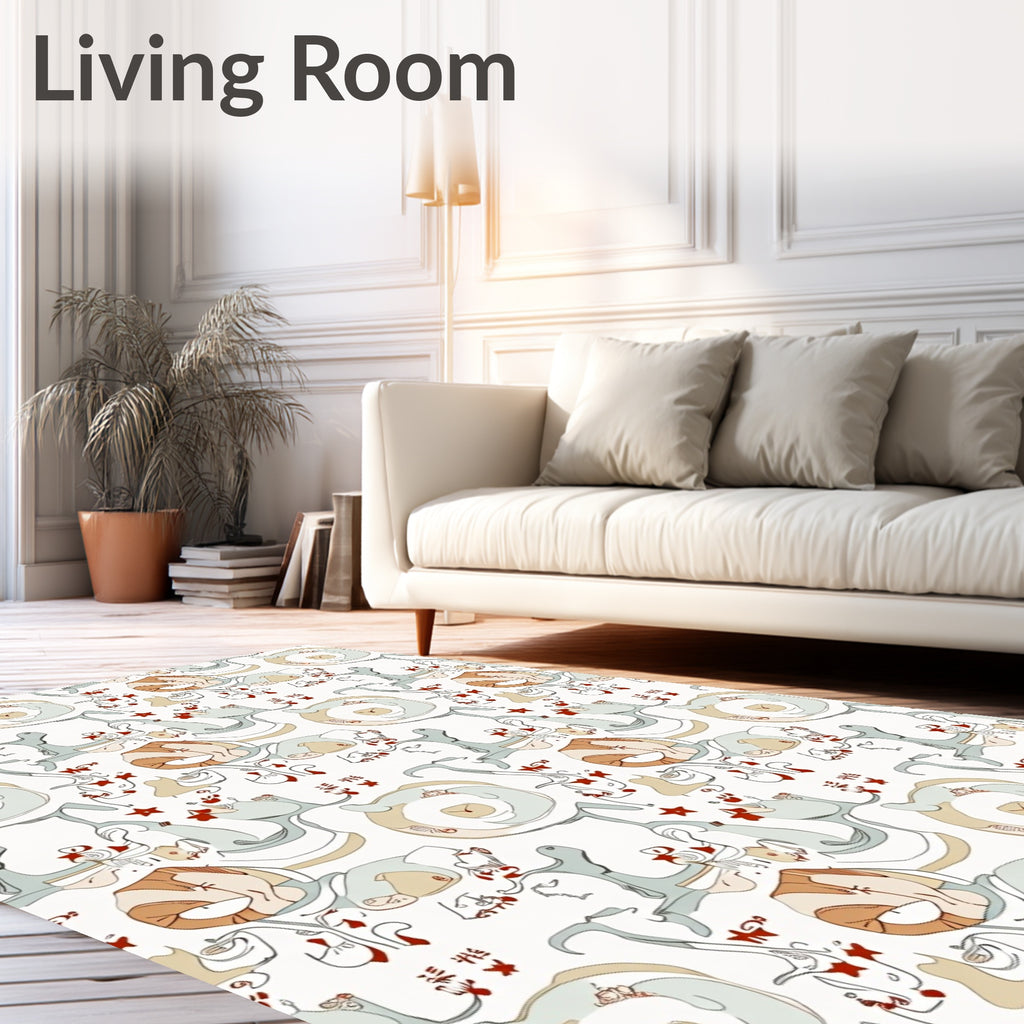 Whimsical Cartoon Creatures Red Star Swirls Rug