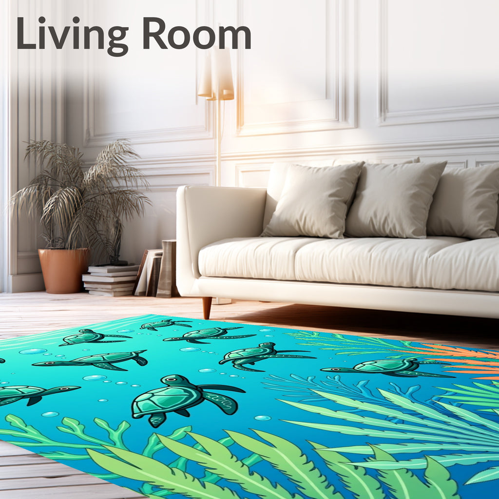 Aqua Turtles Coral Underwater Scene Rug