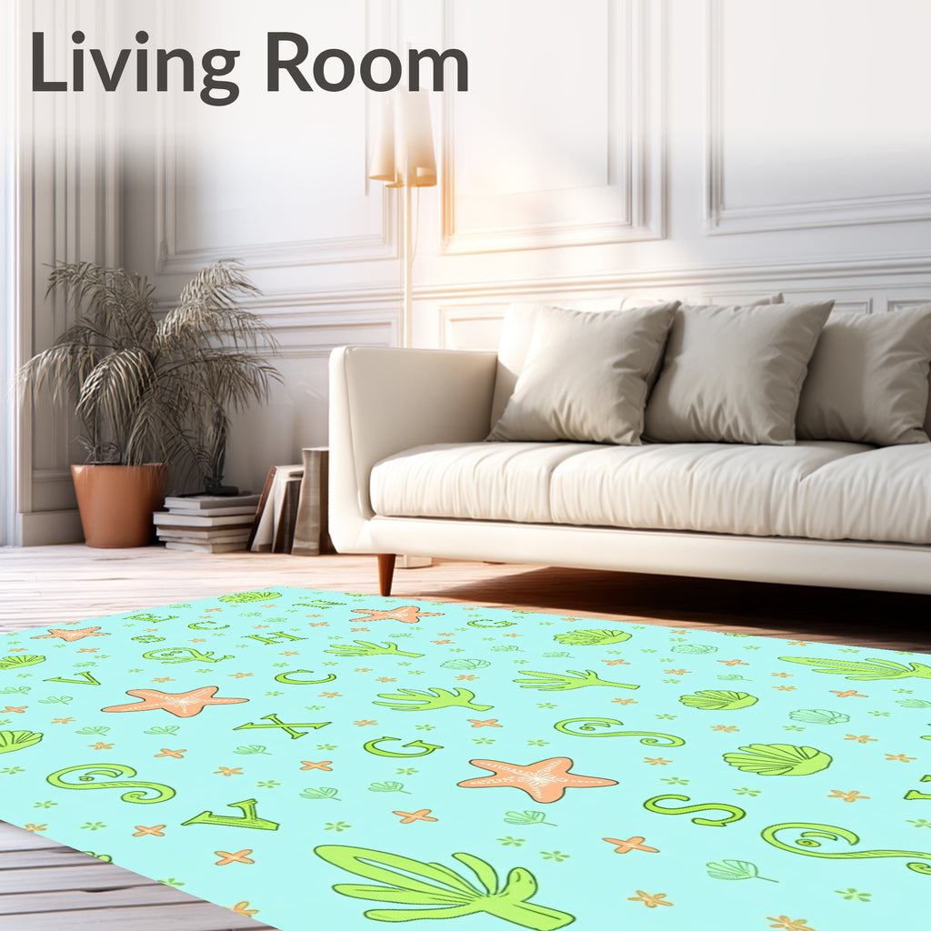 Aqua Sea Life Alphabet Collage Rug