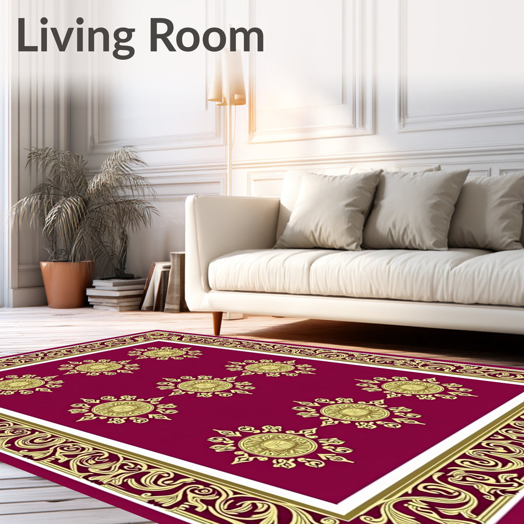 Crimson Gold Sunburst Medallion Border Rug