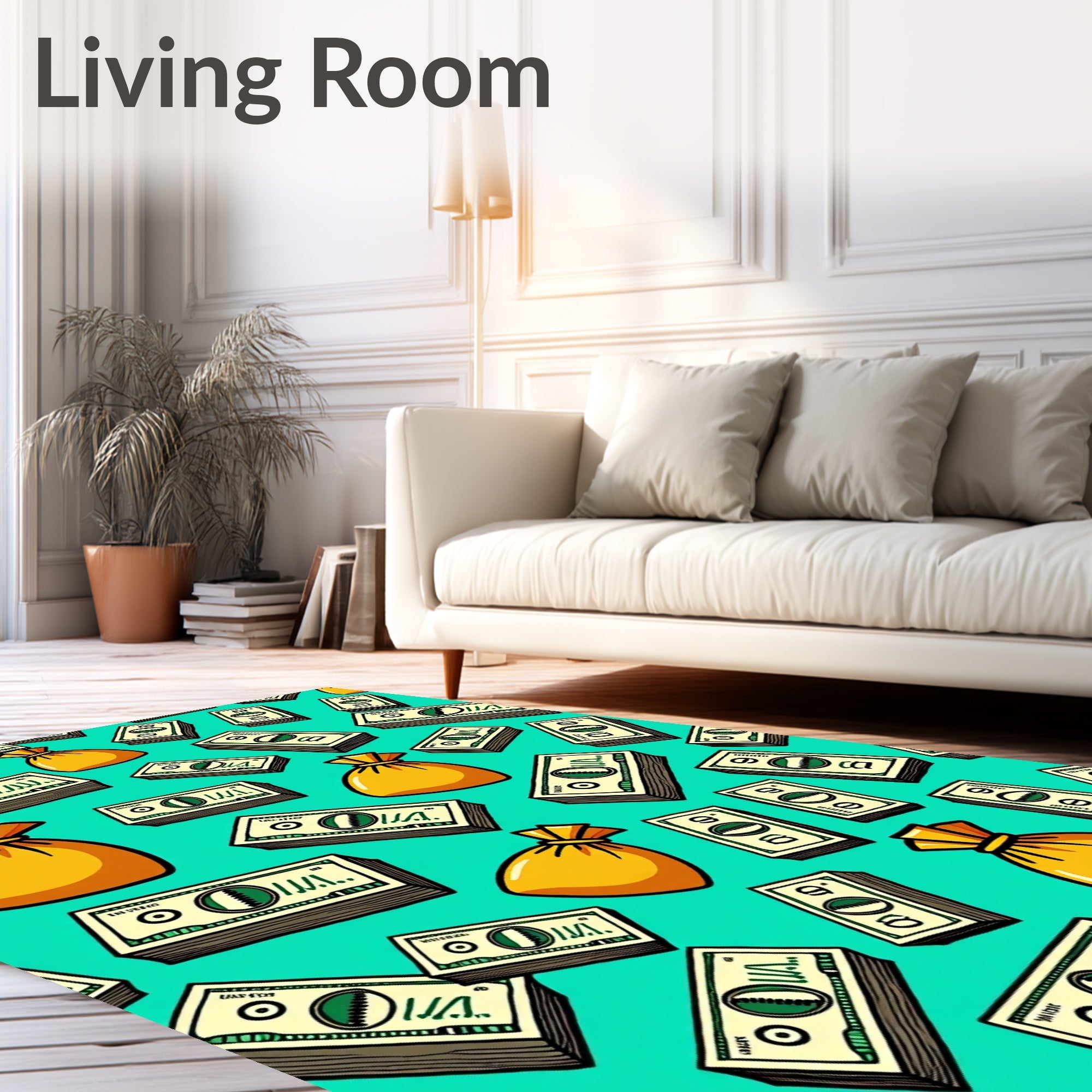 Golden Bags Money Stacks Teal Rug