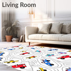 Red Yellow Blue Toy Vehicle Collage Rug