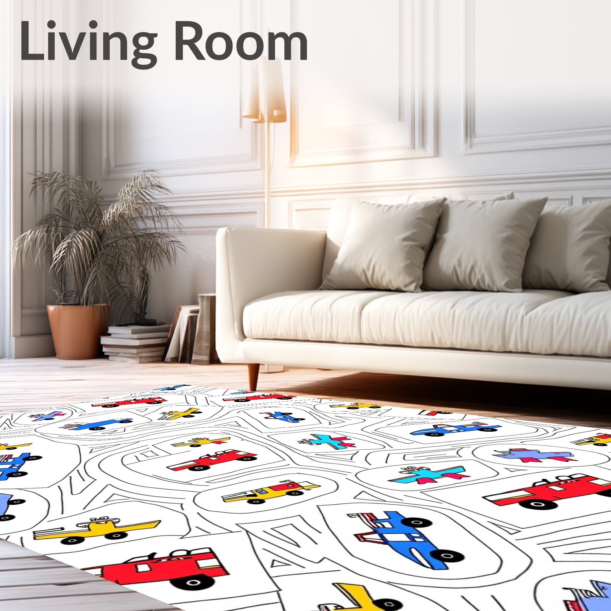 Red Yellow Blue Toy Vehicle Collage Rug