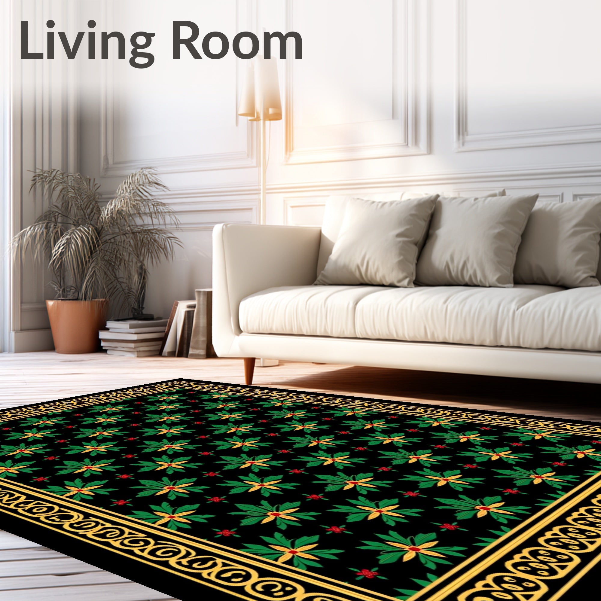 Rich Green Floral Medallion Bordered Rug