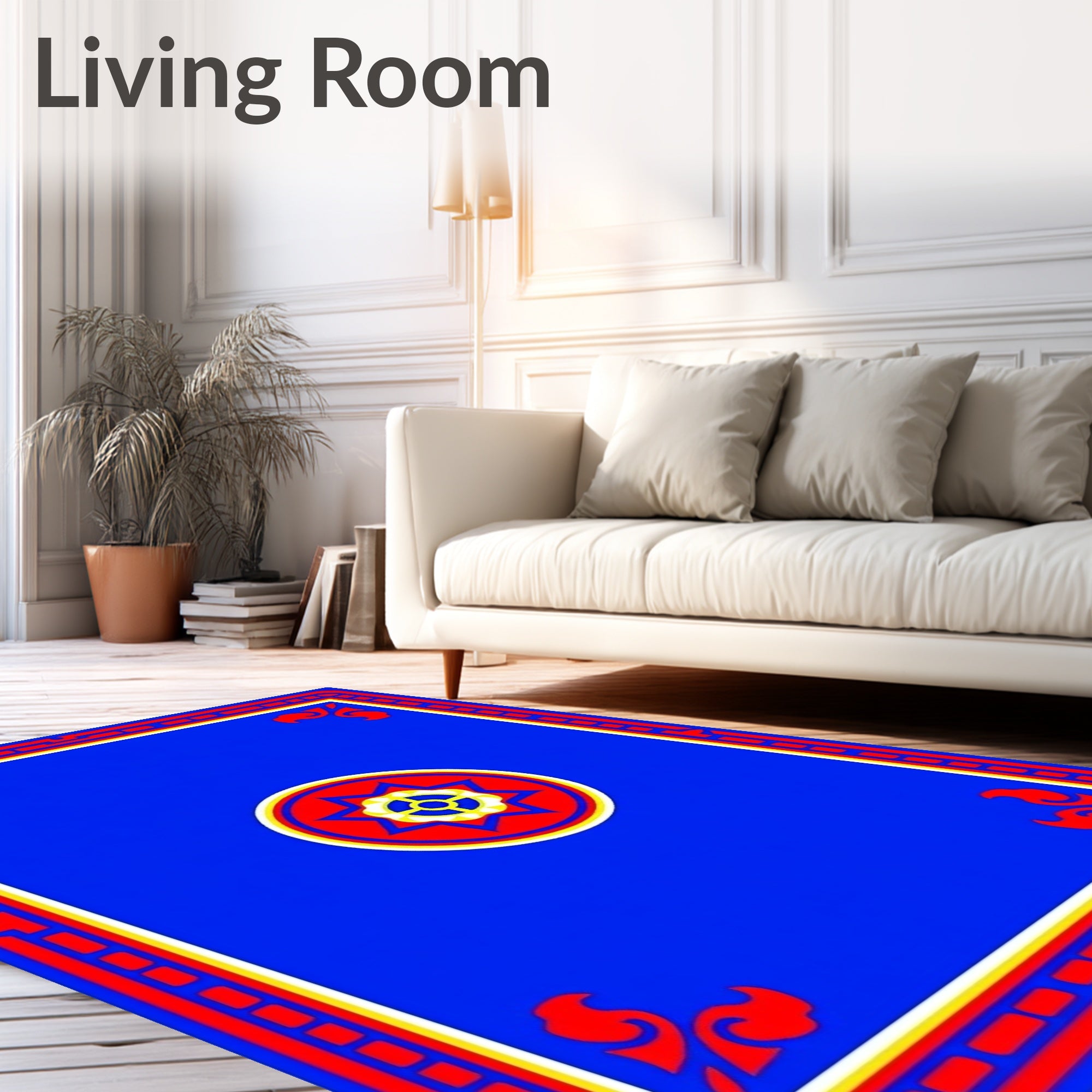 Vibrant Blue Red Geometric Medallion Rug