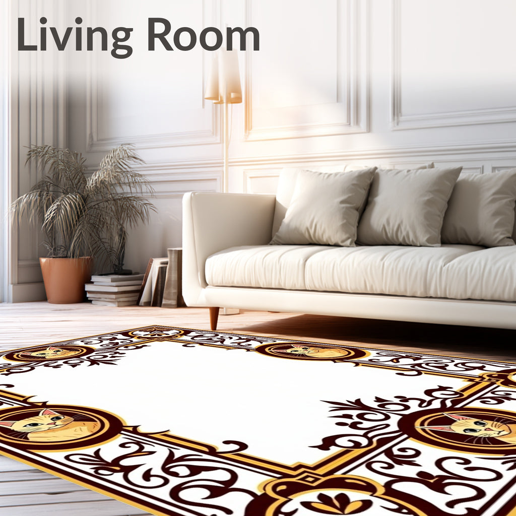 Golden Feline Portrait Scrollwork Border Rug