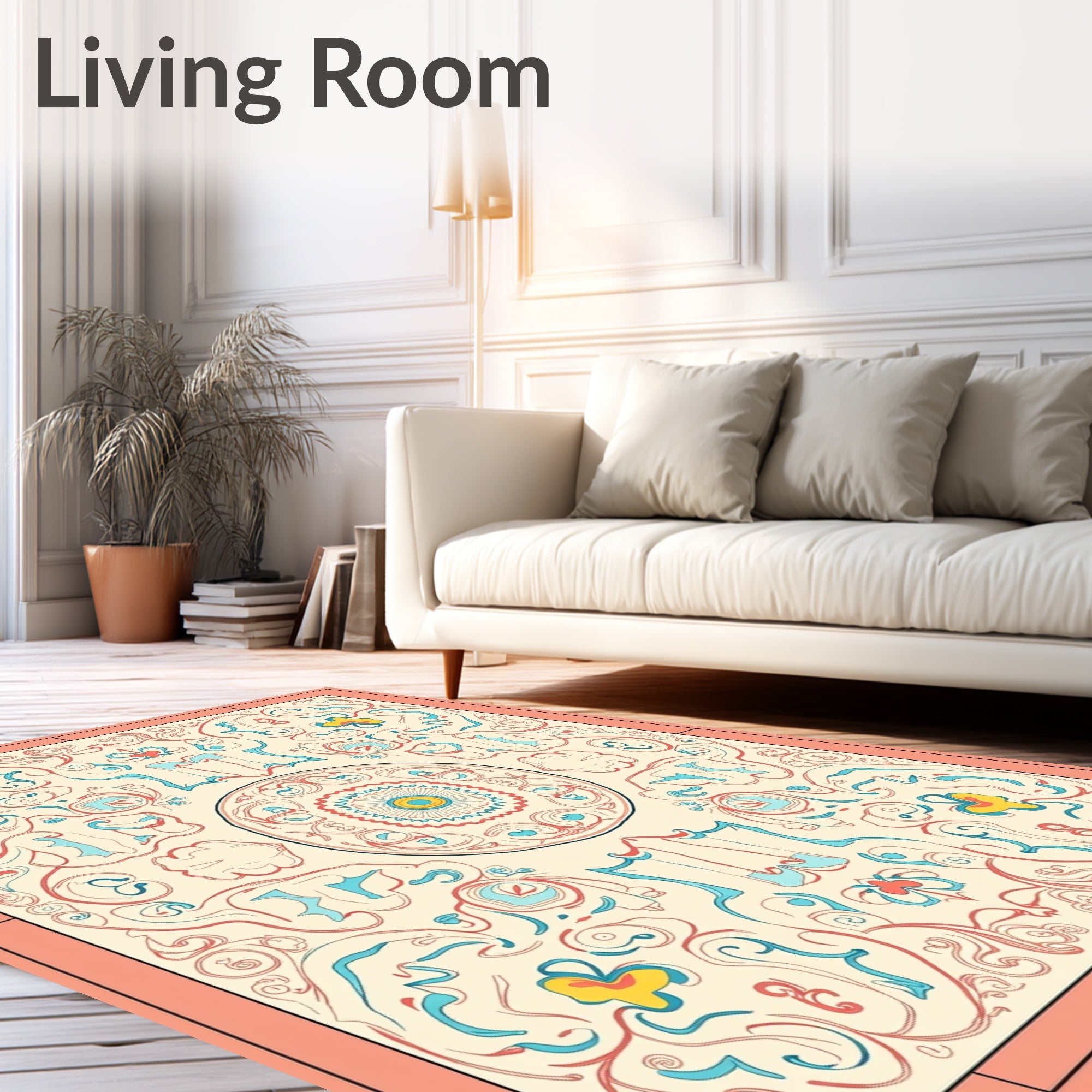 Cream Scrollwork Medallion Coral Yellow Rug