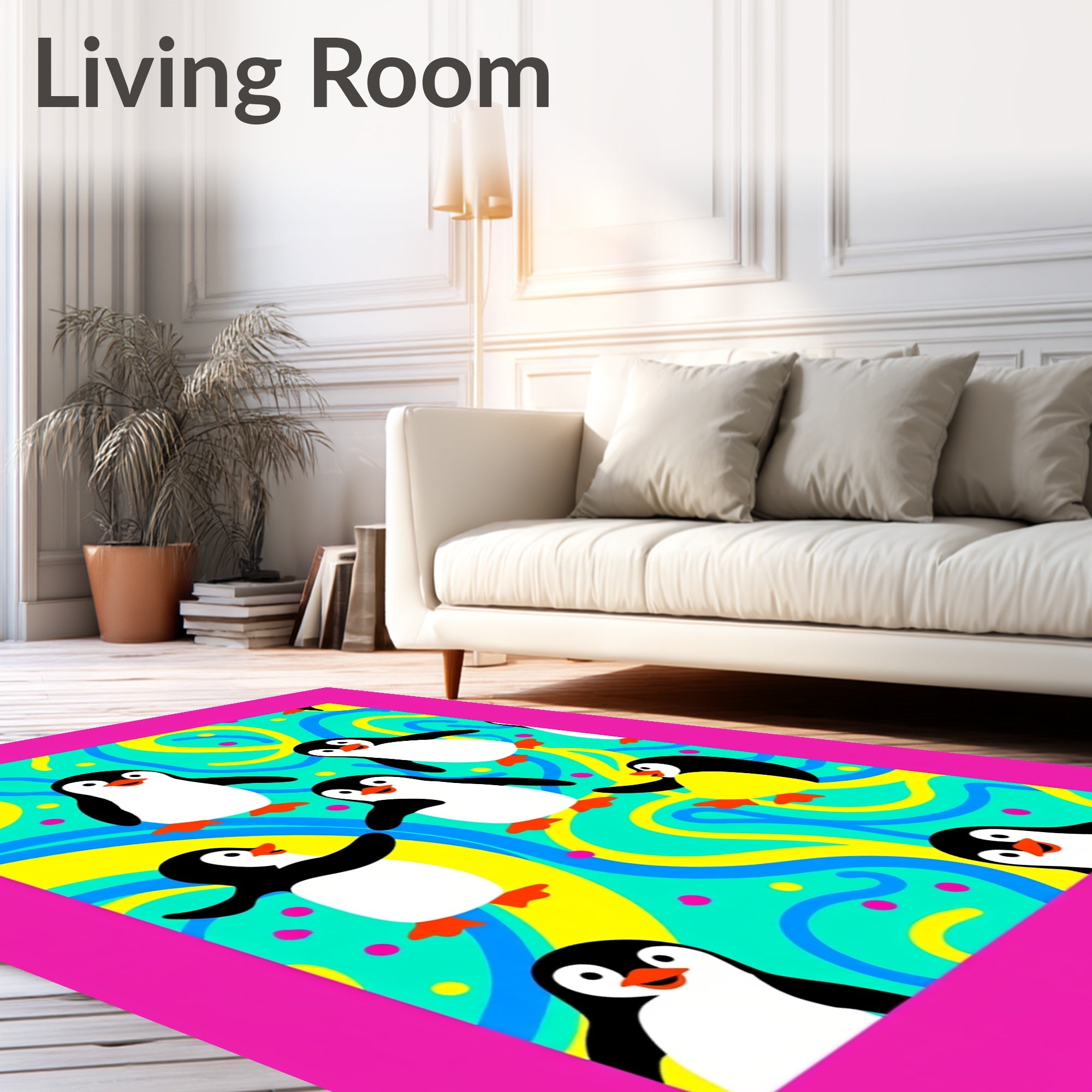 Playful Penguins Teal Yellow Swirl Background Rug