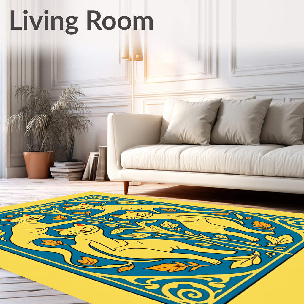 Golden Cats Blue Floral Arrangement Rug