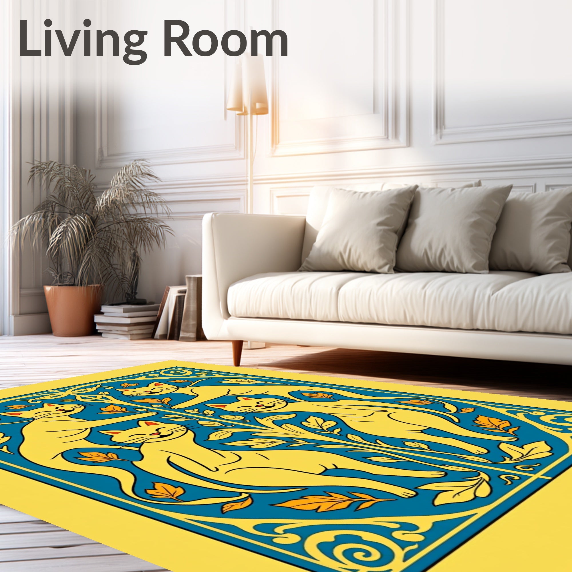 Golden Cats Blue Floral Arrangement Rug