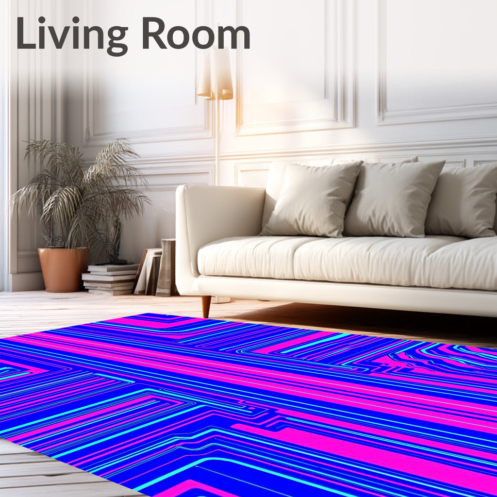Bright Pink Blue Geometric Circuit Rug