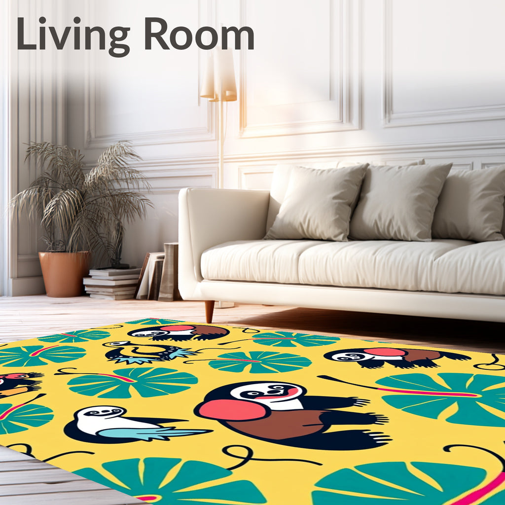 Whimsical Yellow Tropical Sloth Birds Rug