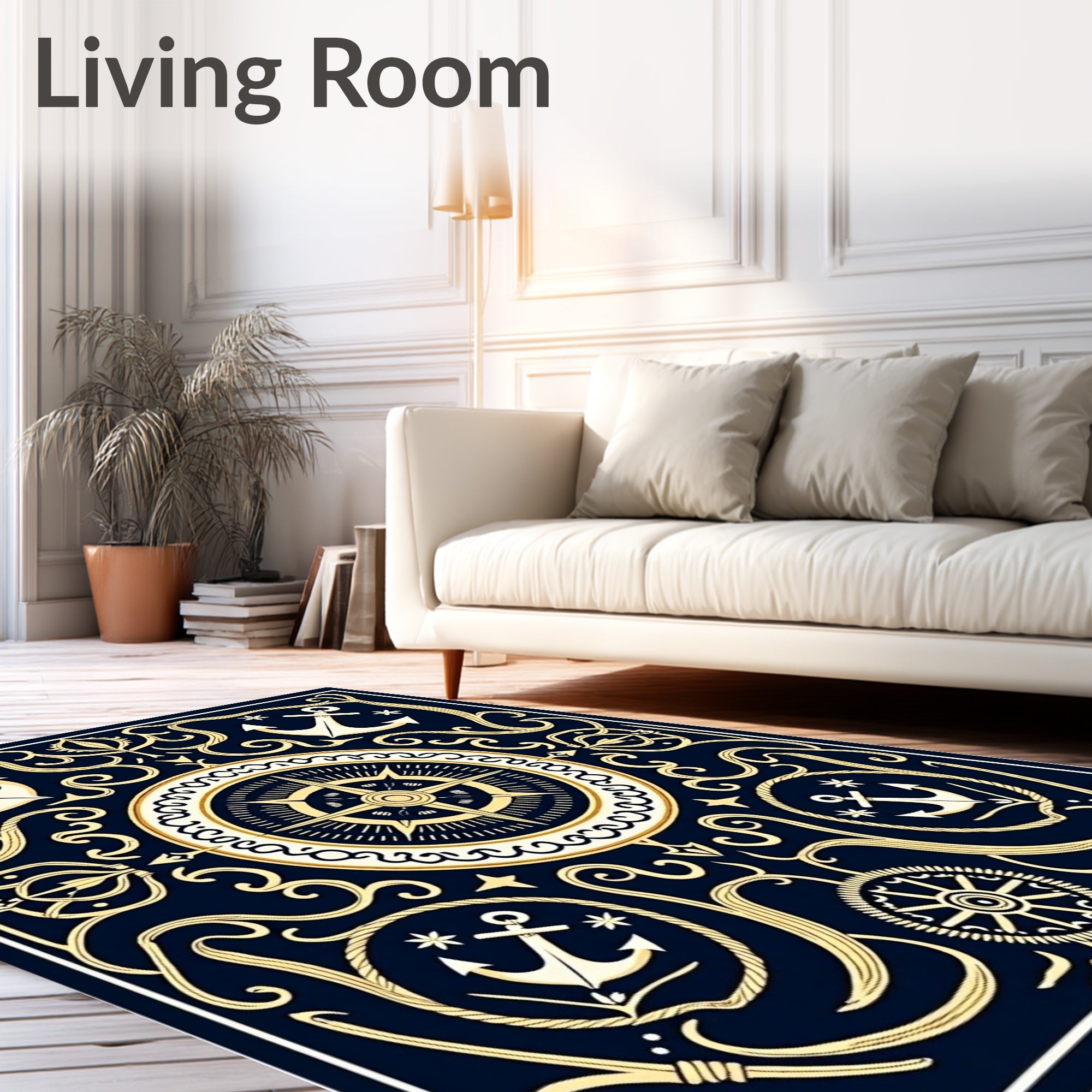 Nautical Navy Gold Anchor Compass Rose Rug