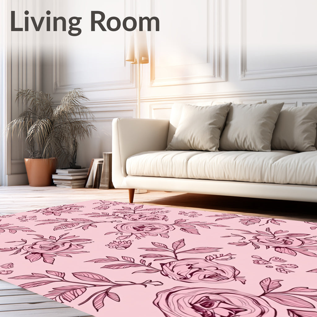 Pink Rose Branch Illustration Rug