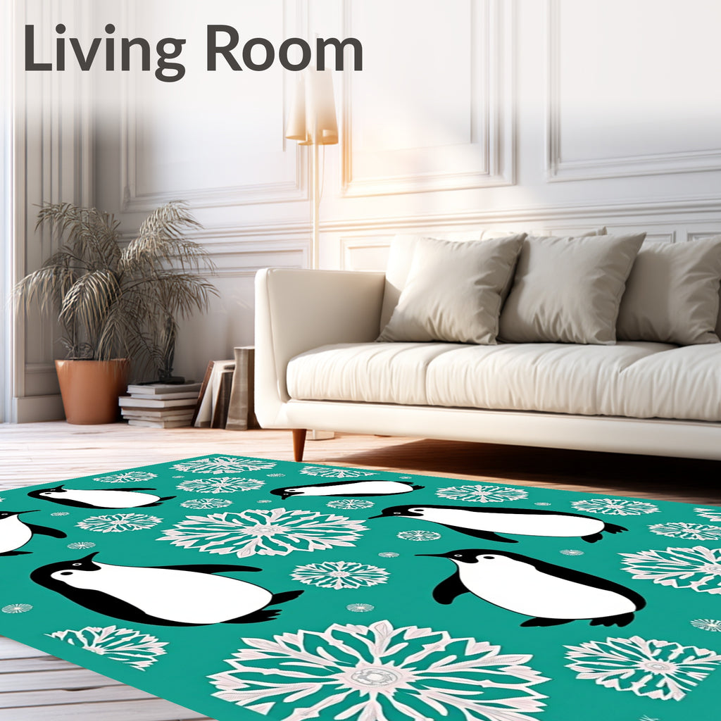 Teal Penguin Snowflake Whimsy Rug