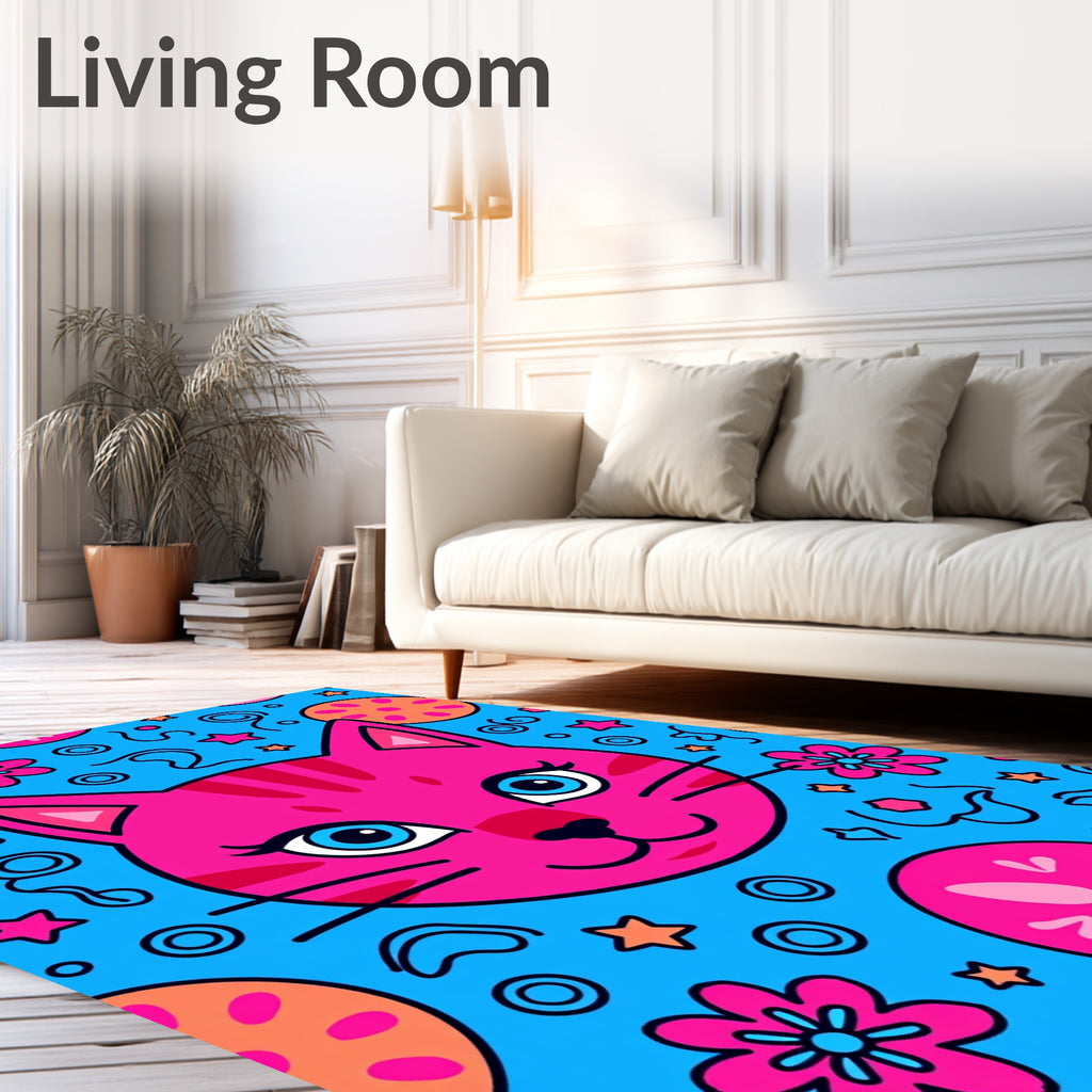 Vibrant Pink Cat Blue Sky Whimsical Collage Rug