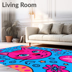 Vibrant Pink Cat Blue Sky Whimsical Collage Rug