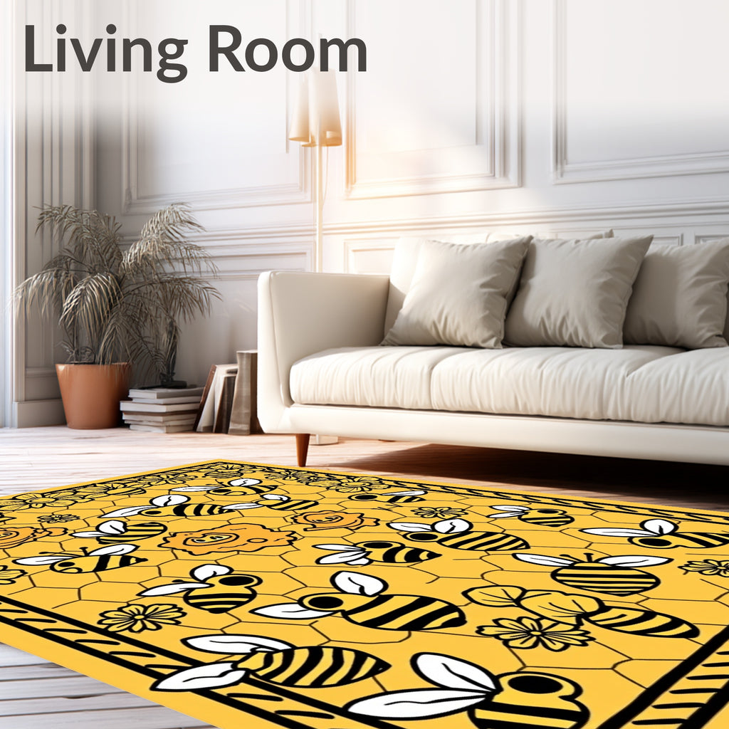 Whimsical Yellow Bee Flower Honeycomb Rug