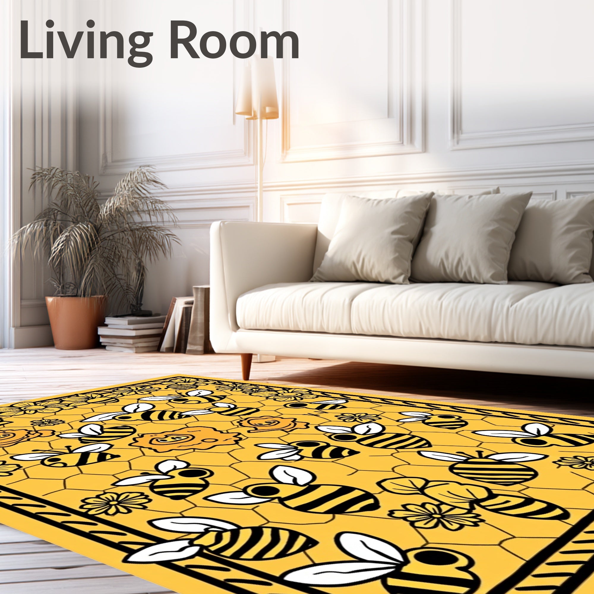 Whimsical Yellow Bee Flower Honeycomb Rug
