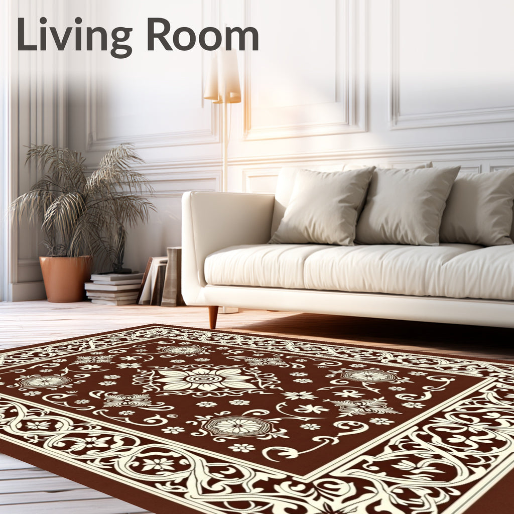 Rich Brown Floral Medallion Scroll Rug