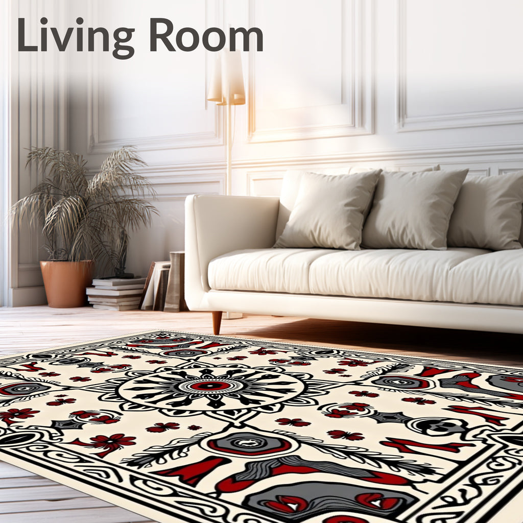 Crimson Black Floral Mandala Border Rug