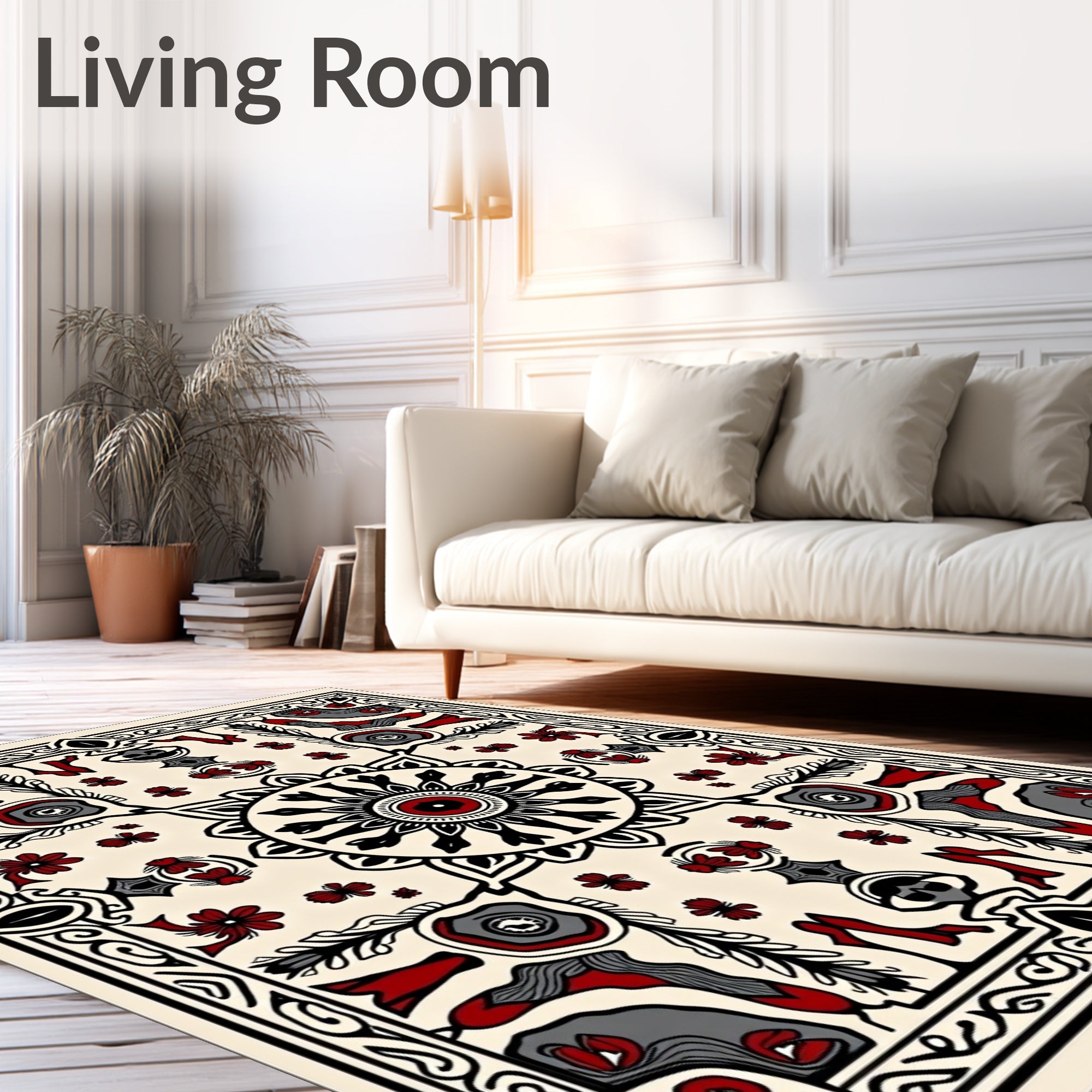 Crimson Black Floral Mandala Border Rug