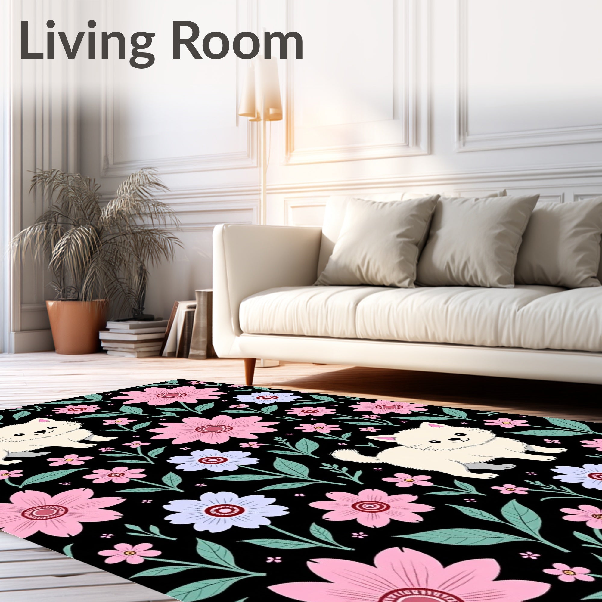 Cute Kitten Floral Botanical Garden Rug