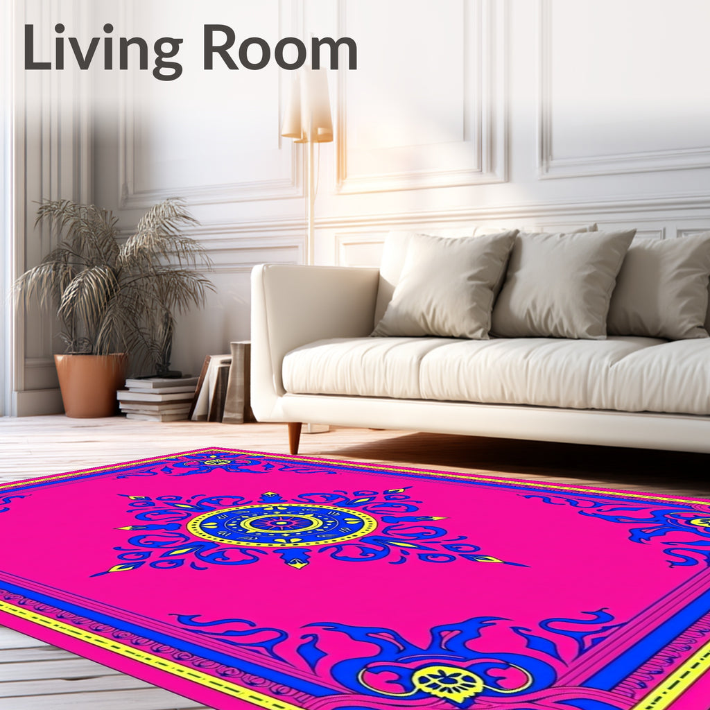 Hot Pink Royal Blue Yellow Medallion Border Rug