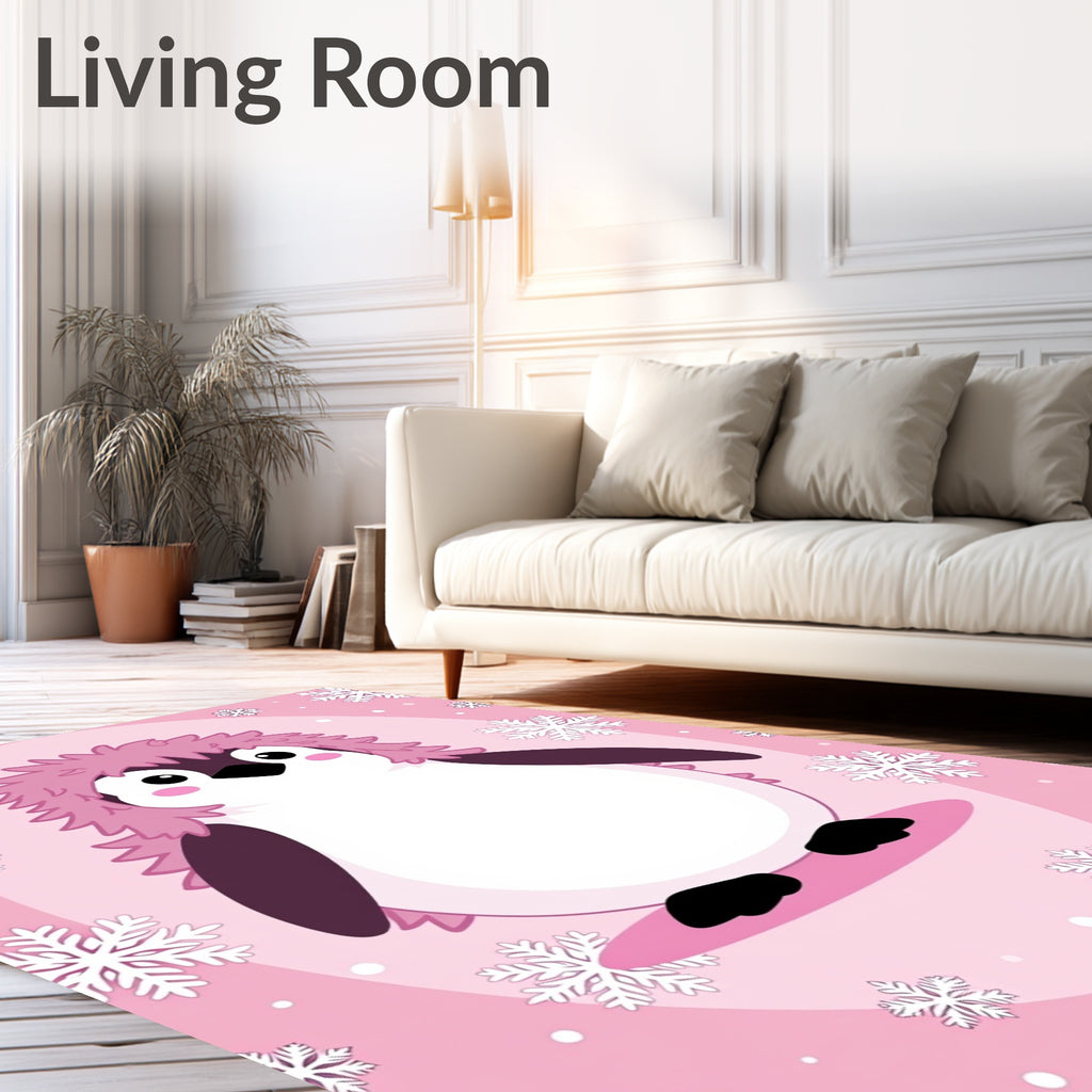 Cute Pink Penguin Snowflakes Background Rug