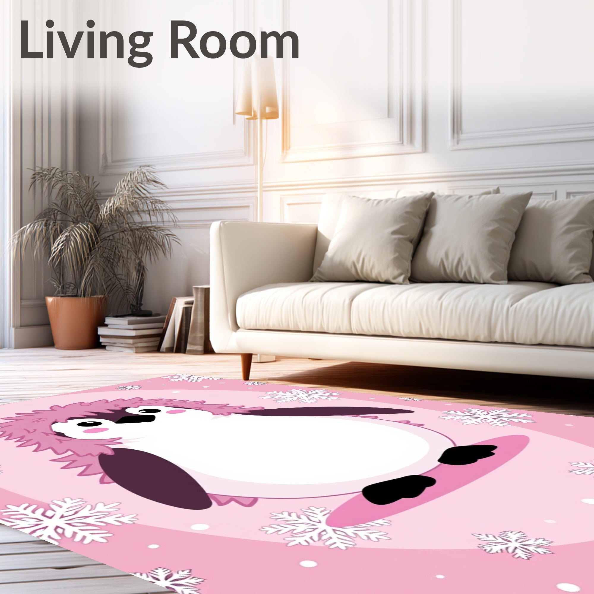 Cute Pink Penguin Snowflakes Background Rug