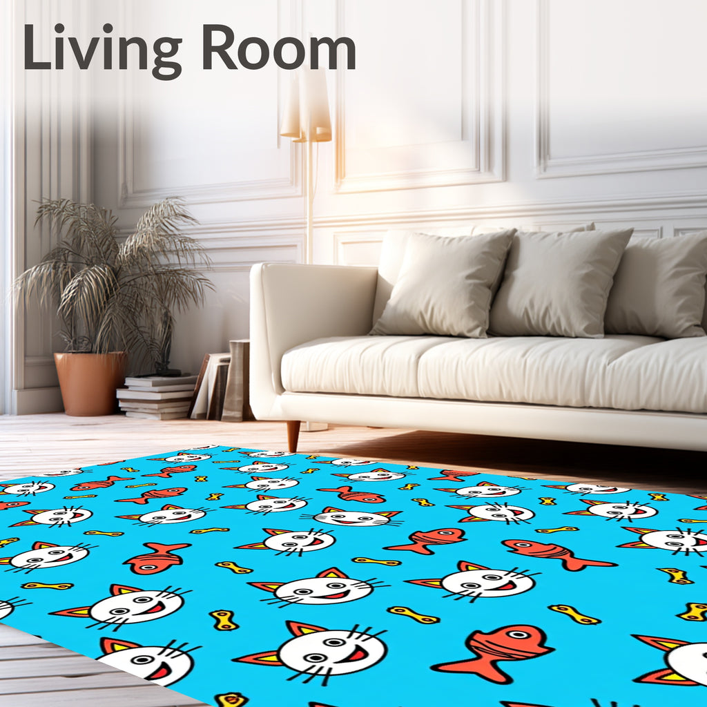 Whimsical White Cat Fish Bone Toss Rug