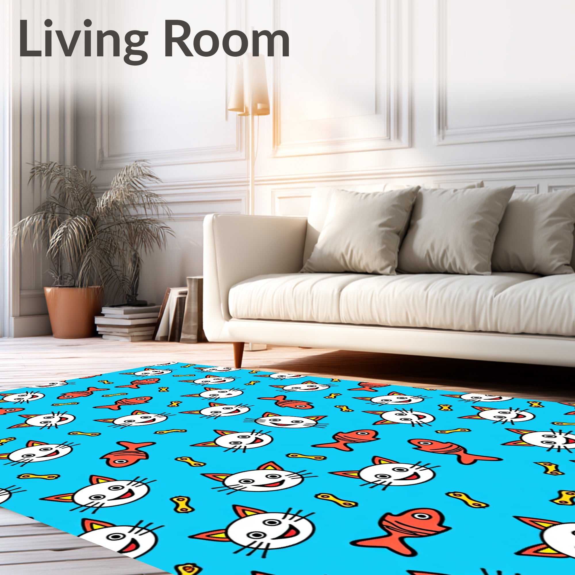 Whimsical White Cat Fish Bone Toss Rug